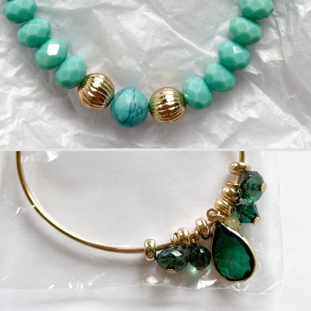 2 New AVON Bracelets: Precious Charms Birthstone Emerald Gold Turquoise Stretch